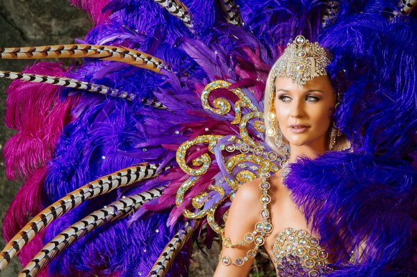 Ragazza in un vestito di piume al Carnevale