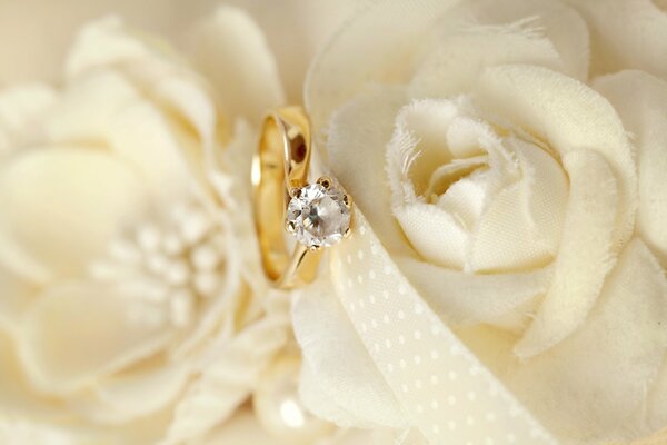 Gold wedding ring on a white ribbon