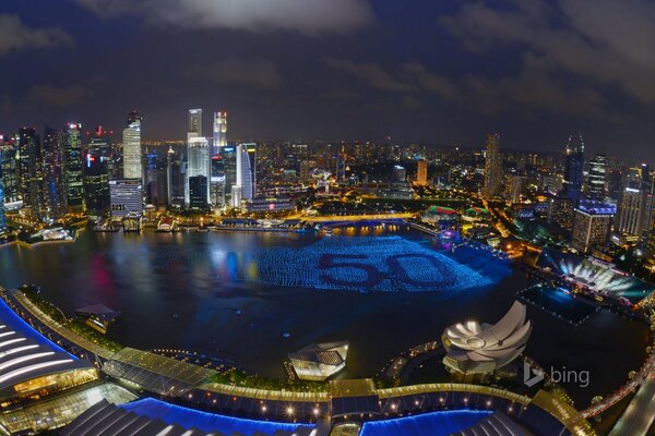 Ночные огни Сингапура панорама