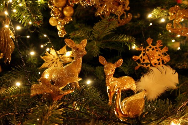 Christmas tree toys on branches