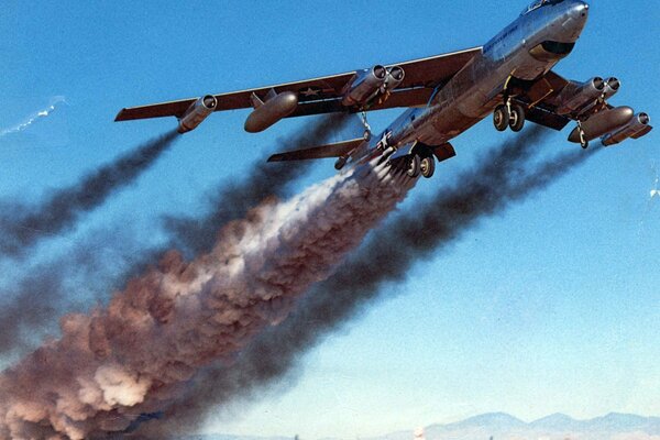 Decollo del Boeing b-47B, seguito da una scia nera