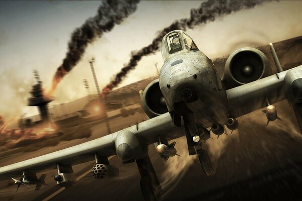 A-10 attack aircraft on the background of a burning airfield from some game