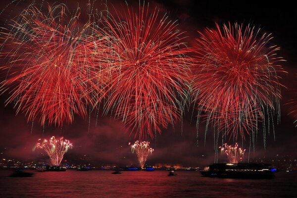 Gruß und Feuerwerk nachts über dem Wasser