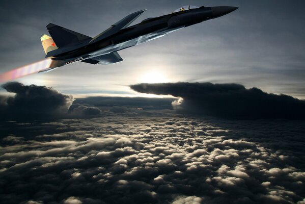 Su 37 aircraft in flight above the clouds