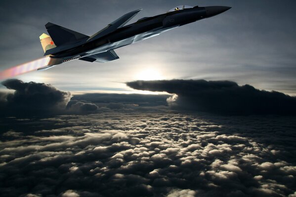 Samolot Su 37 w Locie nad chmurami