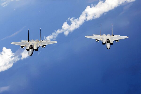 Patrulla dos aviones en el cielo azul