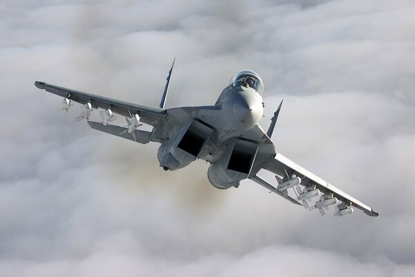 The fighter rose above the clouds