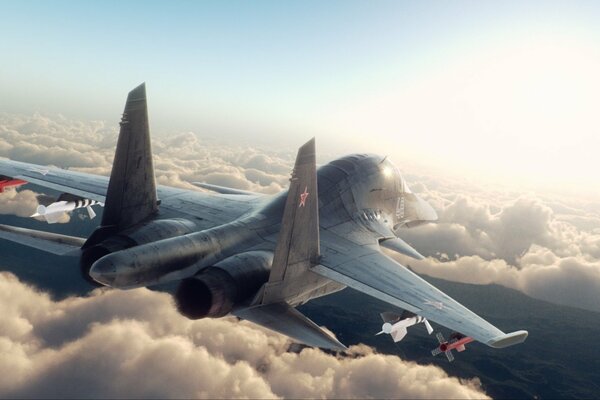 Chasseur su34 dans les nuages par temps ensoleillé