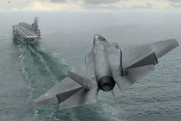 A picture of a flying fighter behind the f-35a ship