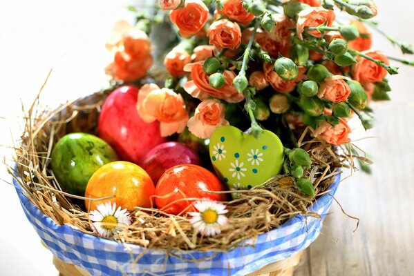 Festive basket with flowers and eggs