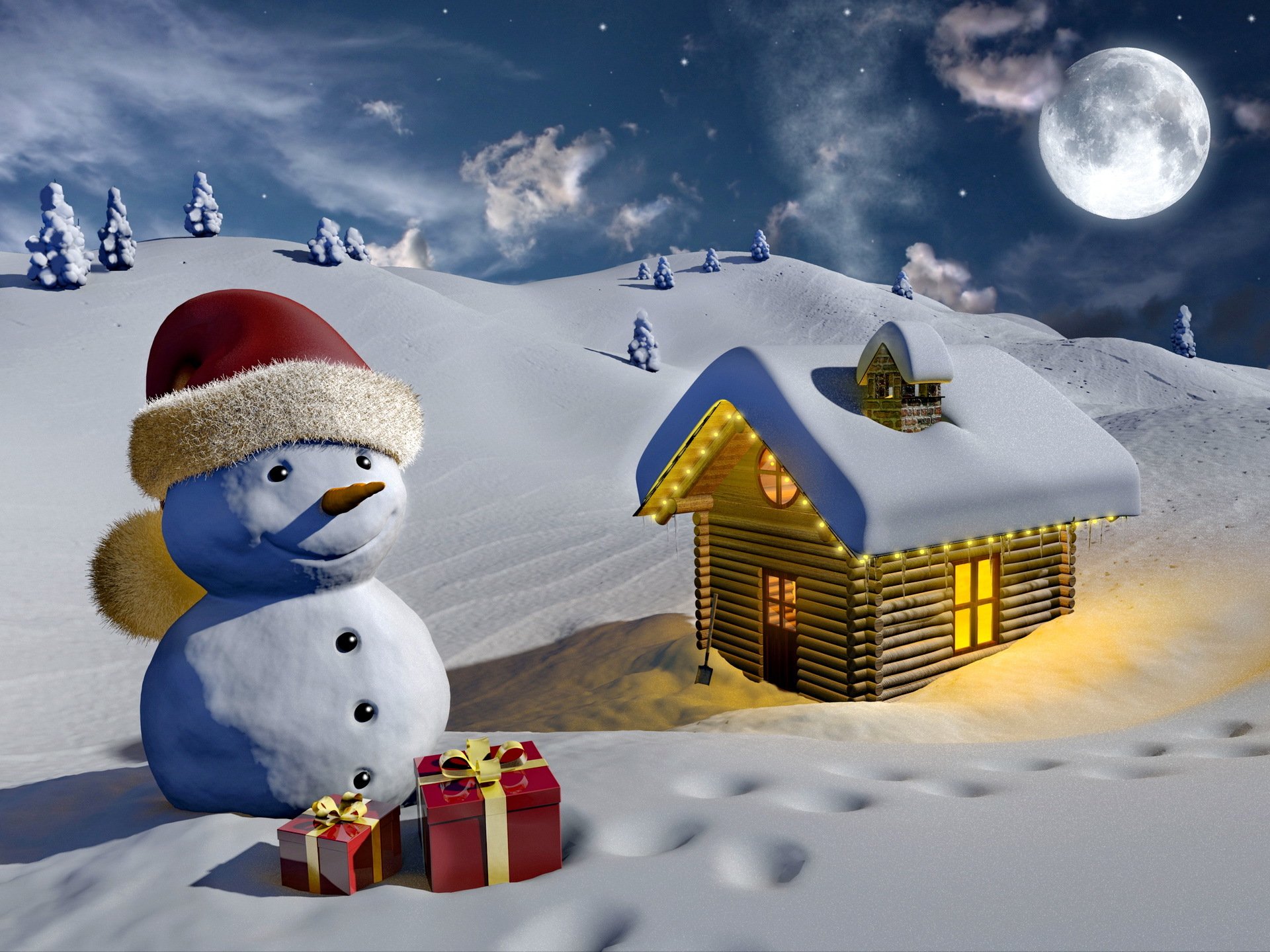 3d graphics snowman winter snow house light moon gift