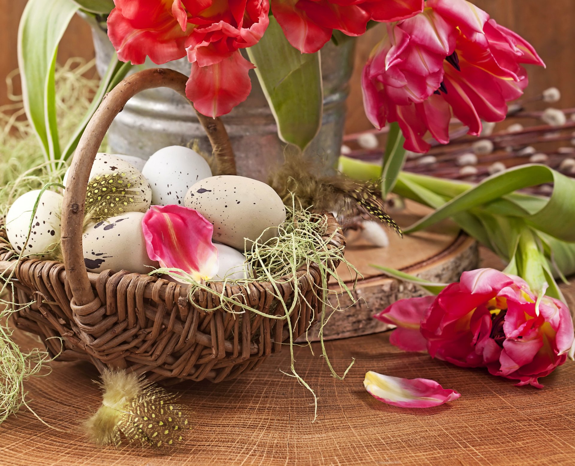 holiday easter tulips eggs basket petals photo