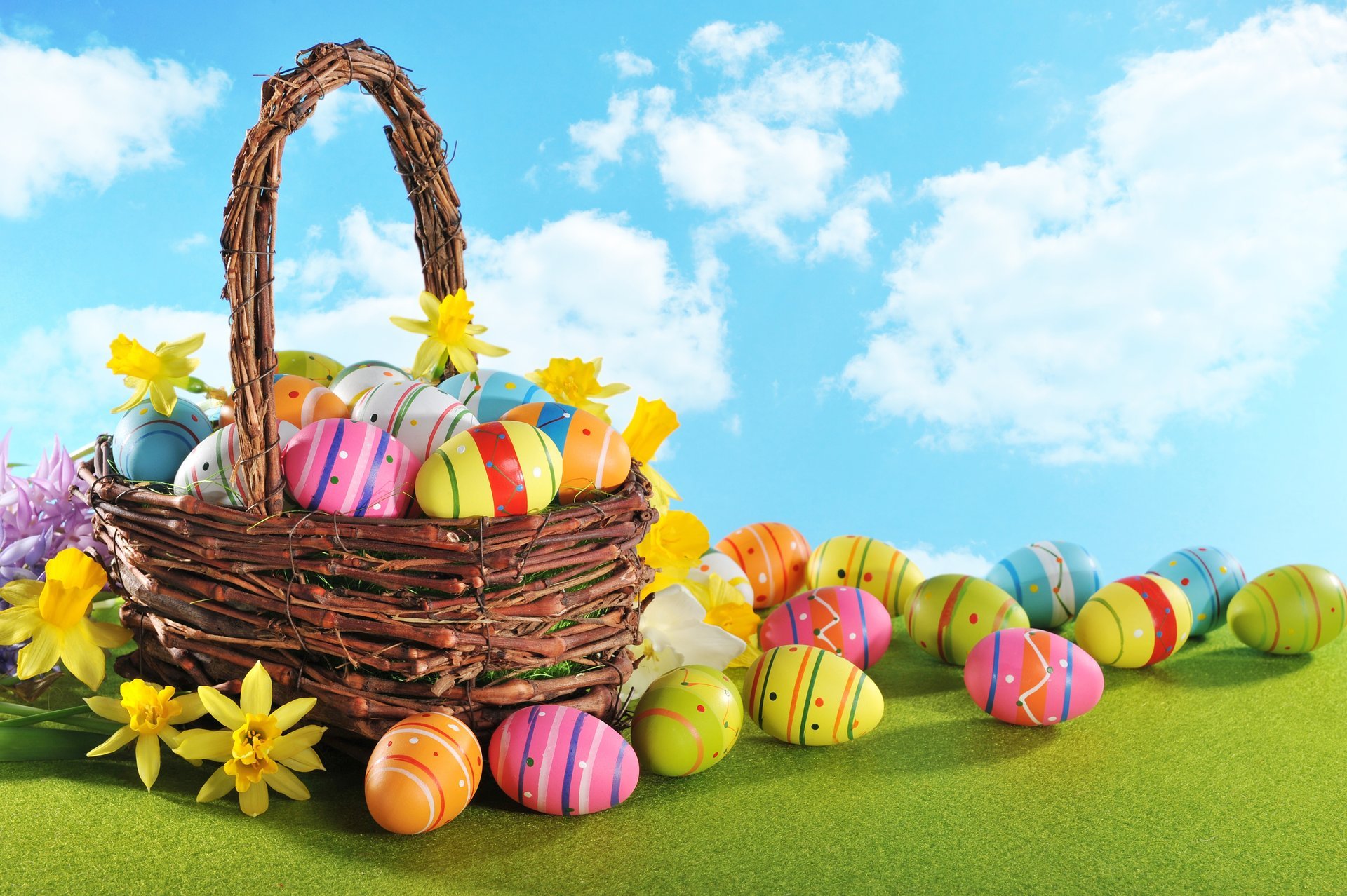 easter eggs flowers spring basket