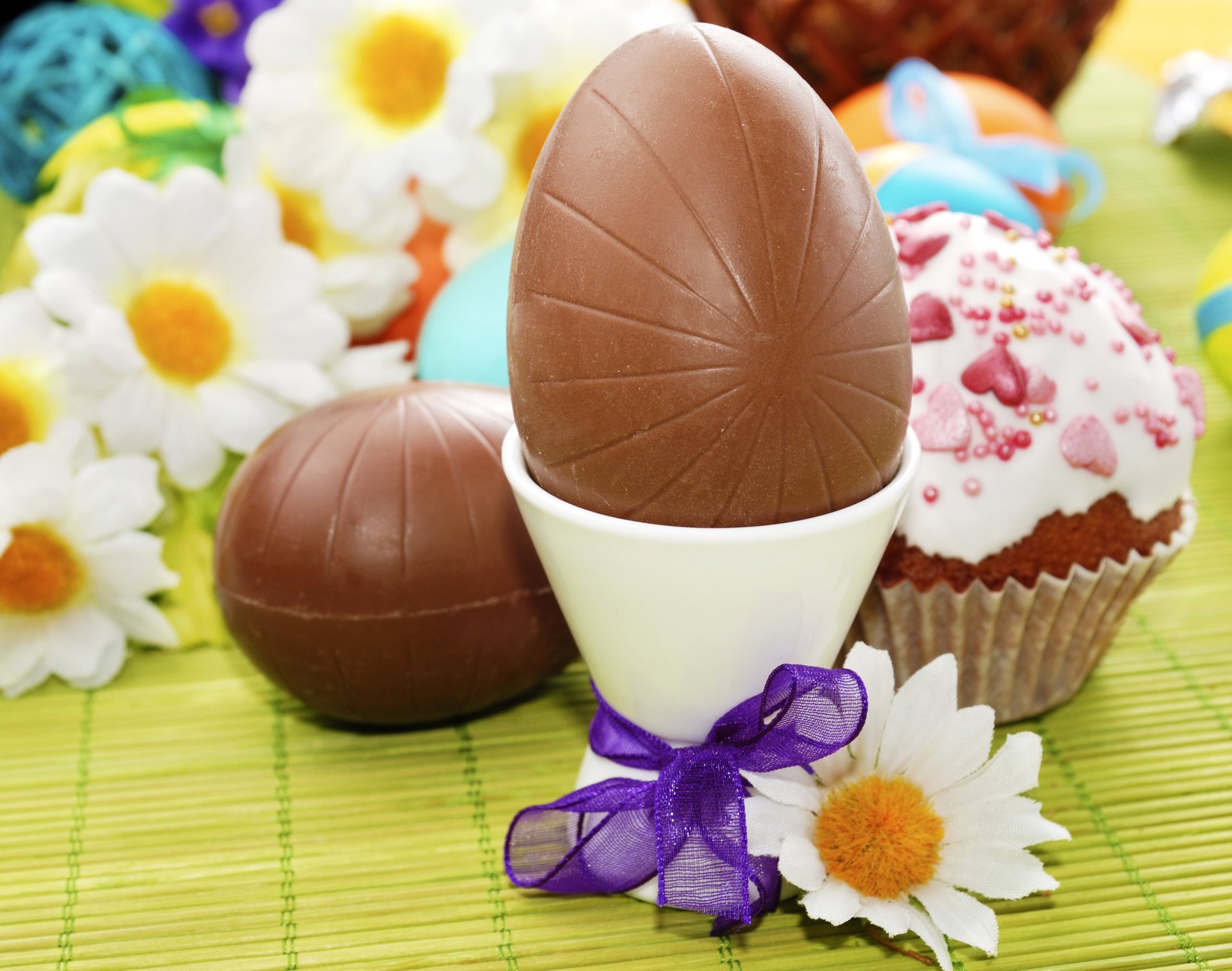 holiday easter chocolate chamomile eggs bow food photo