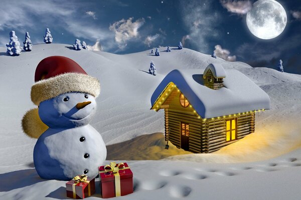 A snowman with polarkami, a house with a burning light, snow-covered hills with Christmas trees and a huge moon