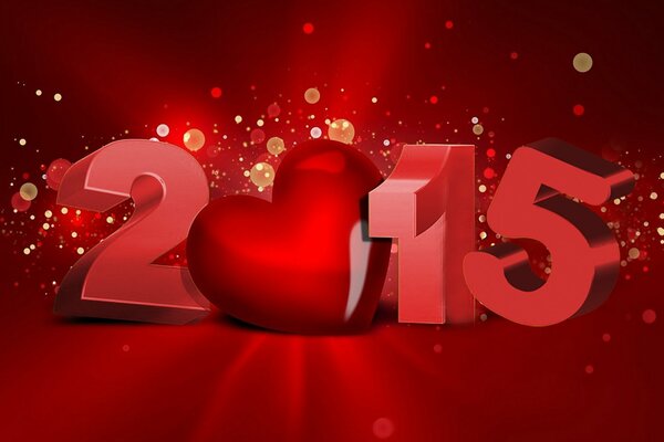 Новогодний постер в красных тонах с надписью две тысячи пятнадцать и красным сердцем вместо ноля