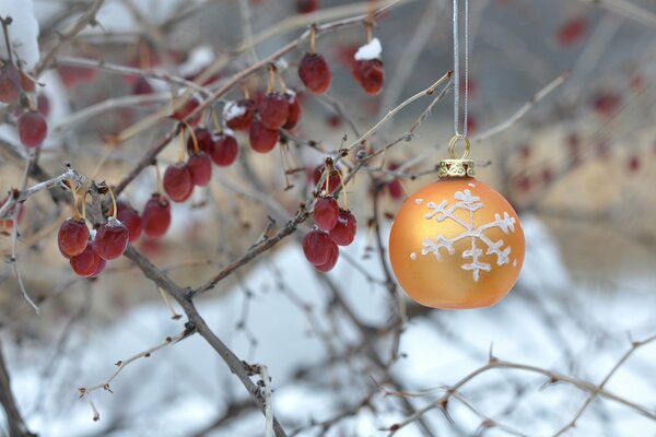 Boule orange avec flocon de neige sur le buisson