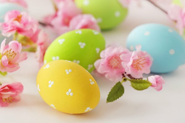 Pastel Easter eggs and pink apple blossoms