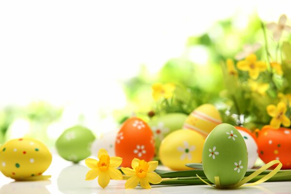 Uova di Pasqua colorate con narcisi