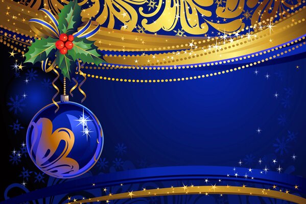 Palla di Natale blu e oro e ramo di agrifoglio su sfondo blu