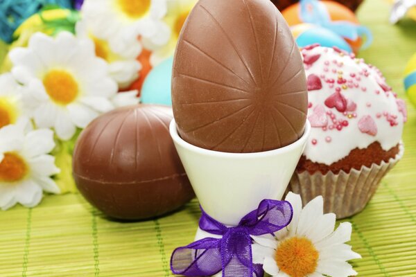 Oeufs au chocolat et gâteau sur fond de marguerites