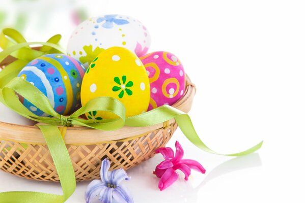 Uova di Pasqua in un cestino con nastro