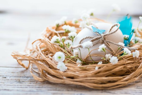 The egg is in the nest. Easter composition