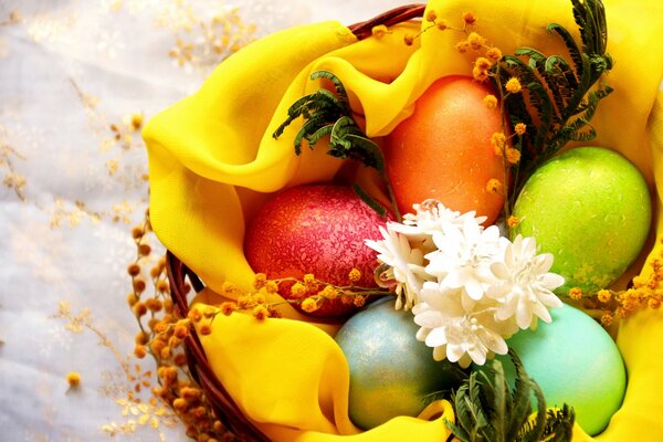 Panier de Pâques avec de beaux oeufs et fleurs