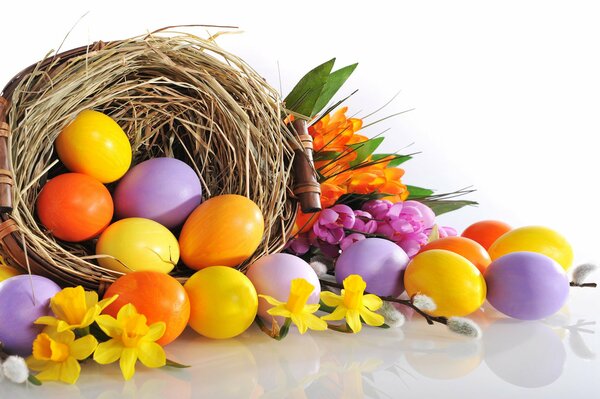 Naturaleza muerta de Pascua con nido, narcisos y huevos