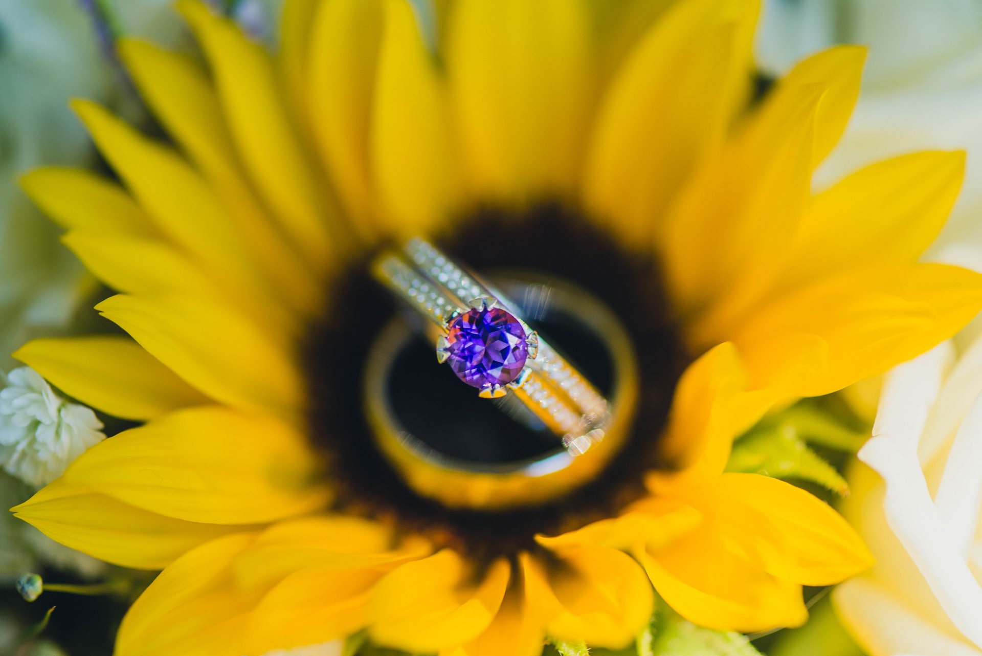 anillo girasol piedra pétalos amarillo