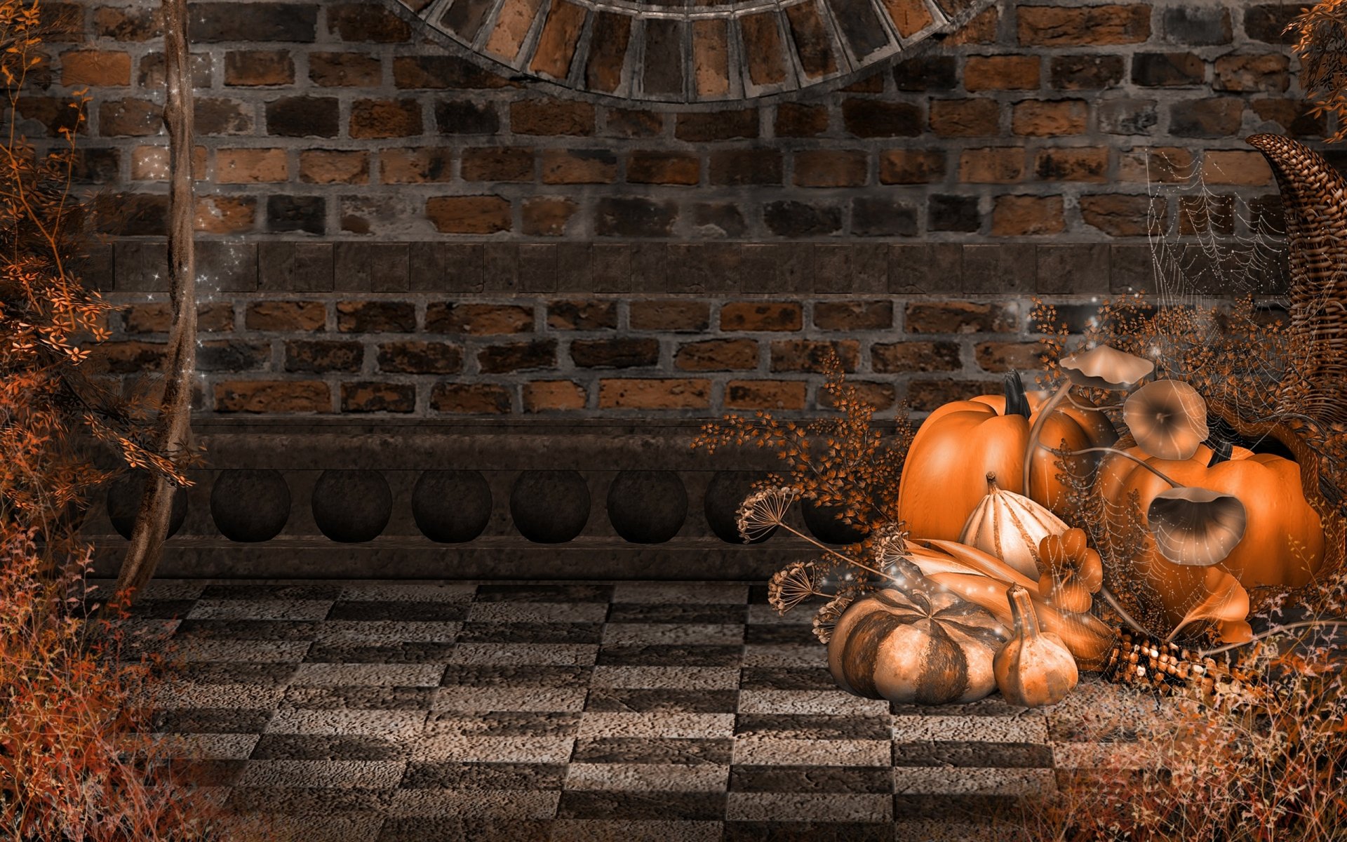 halloween jour tous les saints hallows eve 31 octobre vacances automne citrouilles jack-lanterne mur brique toile d araignée champignons toussaint veille de la toussaint vacances 31 octobre briques