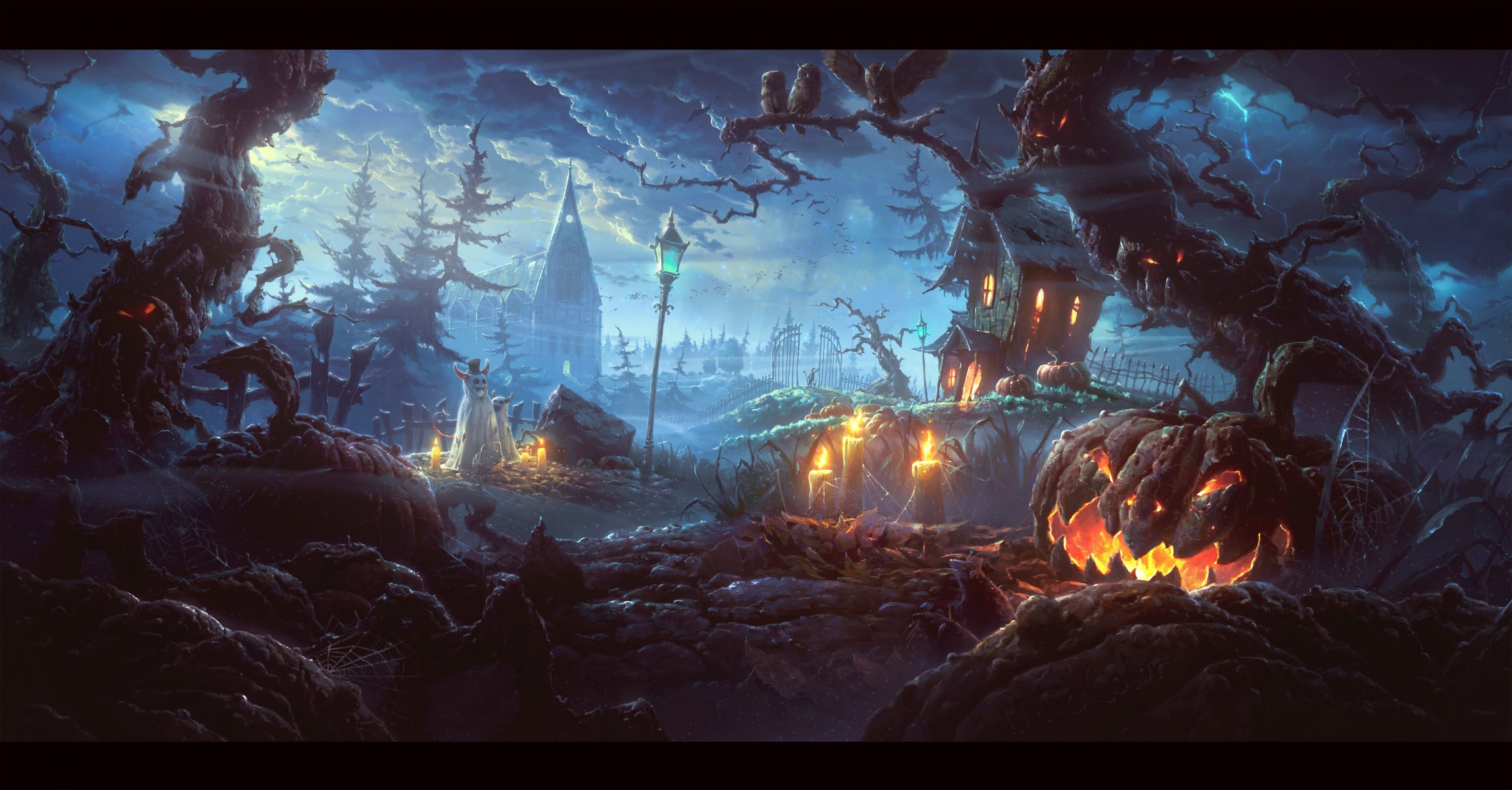 halloween arbres monstres bougies citrouilles orage