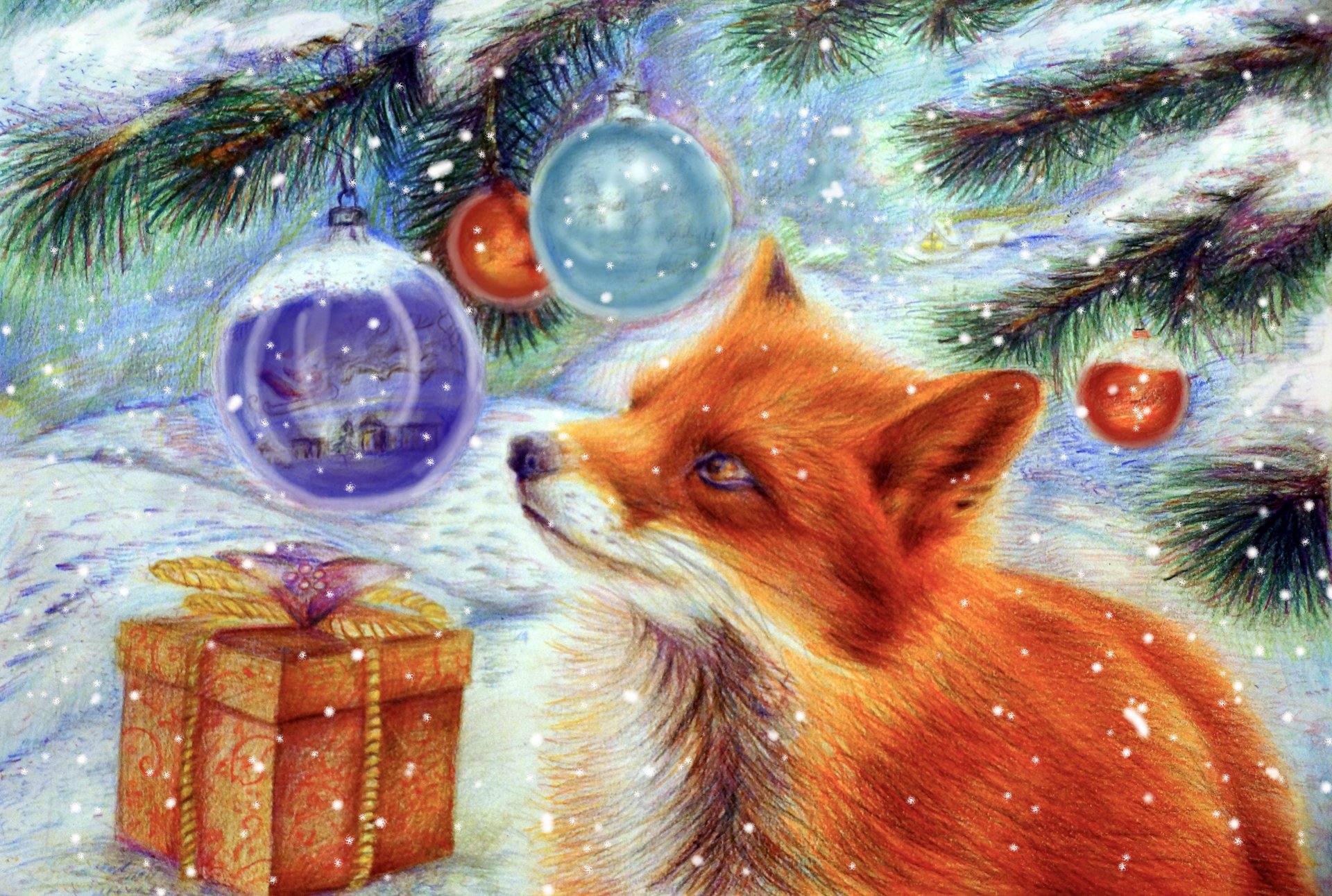 neues jahr fuchs weihnachtsbaum schnee geschenk spielzeug kunst urlaub winter