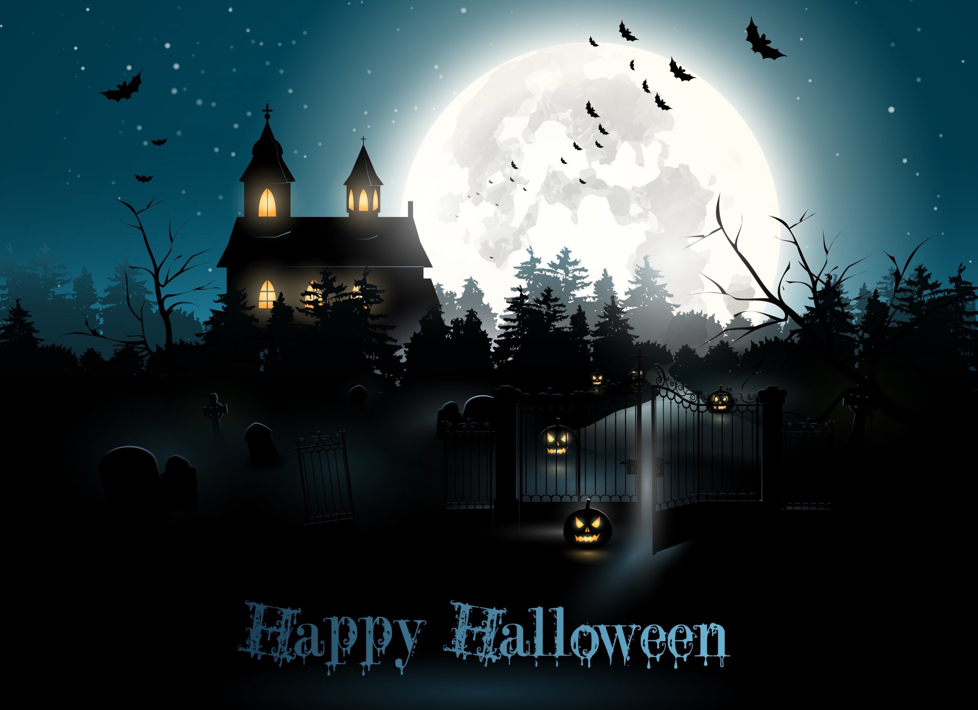 holiday halloween night moon pumpkin house light bat
