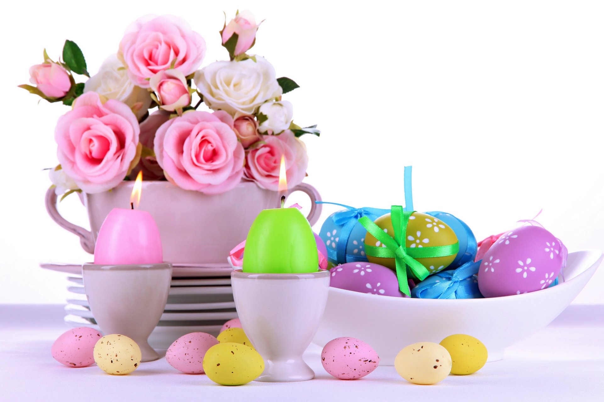 pâques oeufs roses fleurs bougies rose portion