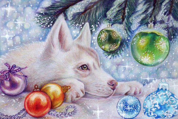 Il cane giace sotto l albero di Natale in attesa del nuovo anno