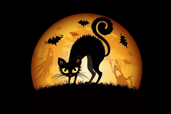 Halloween. Eine schwarze Katze mit gelben Augen steht auf dem Rasen vor dem Hintergrund des Mondes. Auf dem Mond sind Geister, Fledermäuse