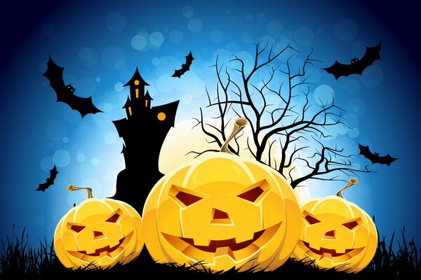 Halloween tres calabazas y un castillo con murciélagos