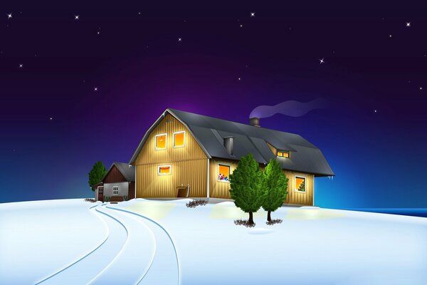 A wonderful picture. A starry sky, snow and a house in which all the windows are lit