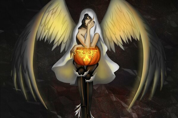 Arte con angel girl in abito bianco con zucca di Halloween