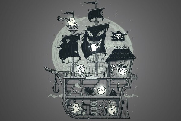 Abbildung mit Piratenschiff Geister auf Vollmond Hintergrund