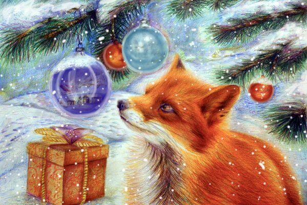 Ein Fuchs und ein Weihnachtsgeschenk im Schnee