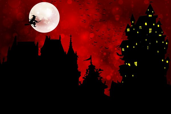 The witch s castle. Full moon. Red sky