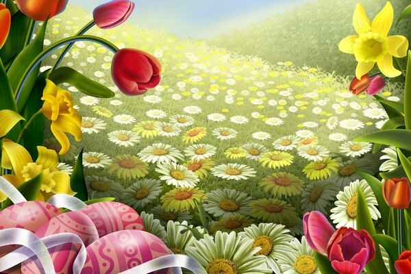 Campo di Pasqua con margherite e rose