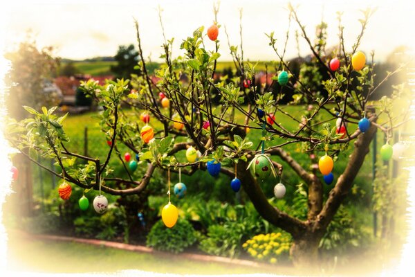 Frühlingszweige in blühenden Blättern, verziert mit Ostereiern