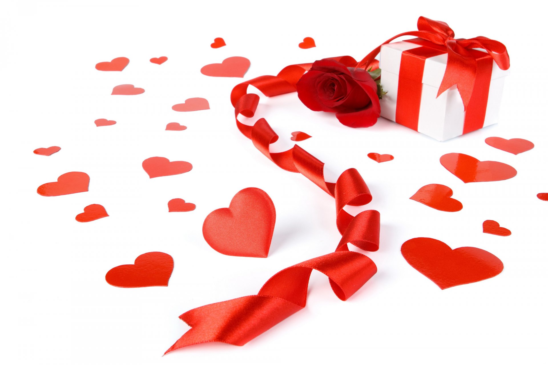 white background box present red belt heart bow rose mood