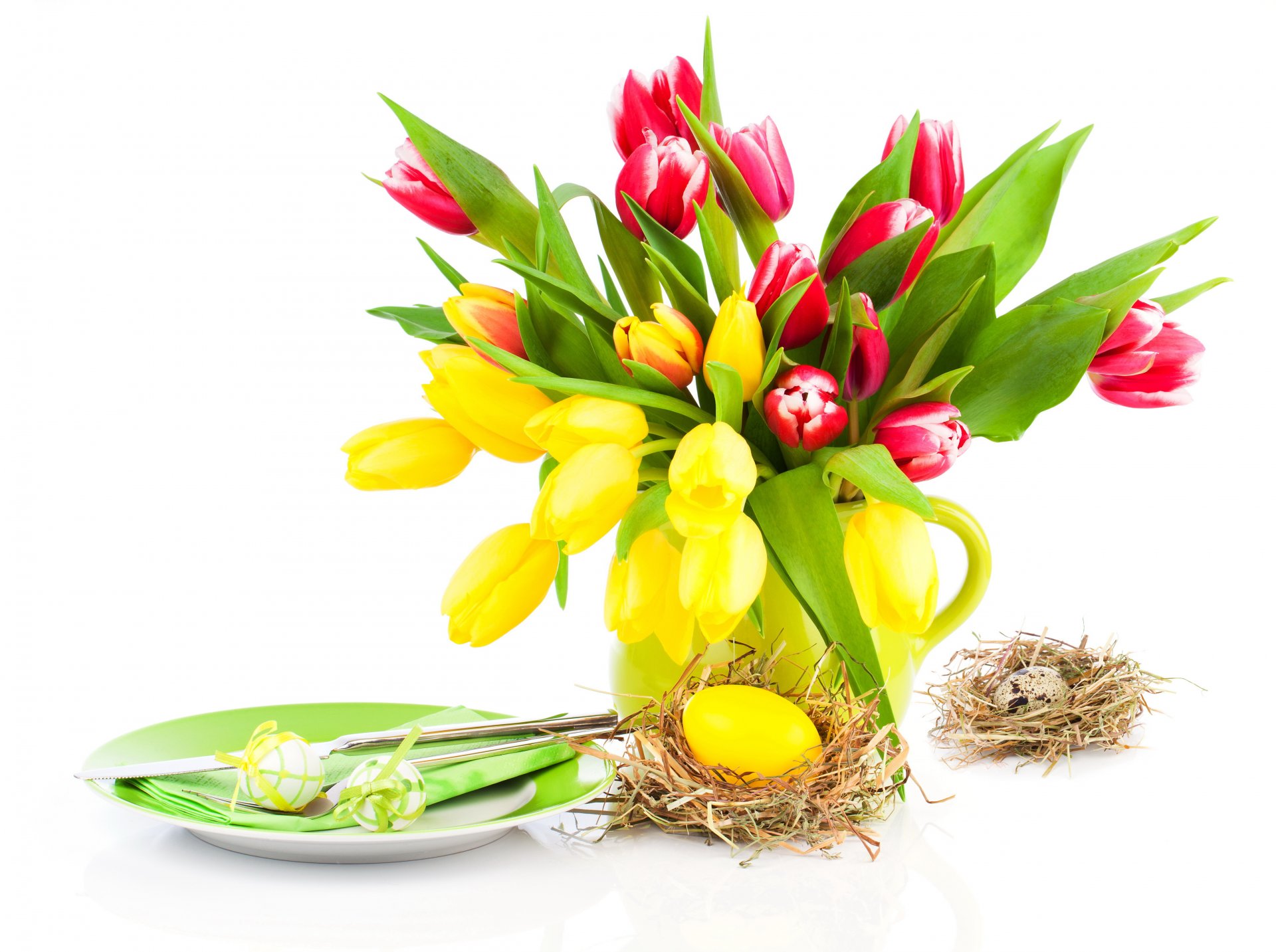 easter spring tulips yellow pink eggs dish