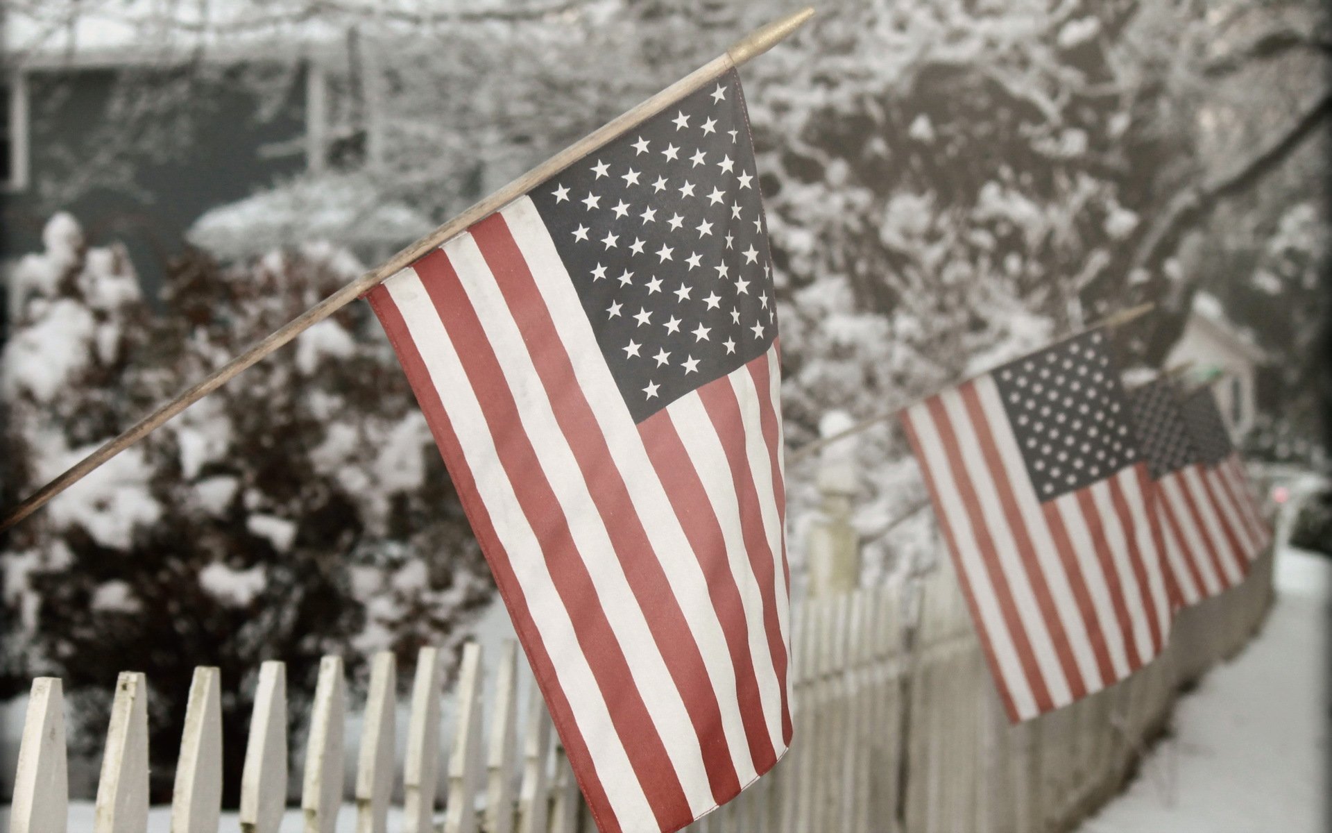 winter fence snow american flag