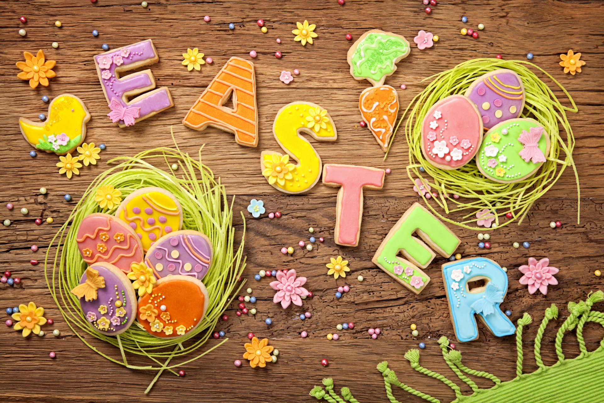 easter cookies pastel spring wood holiday decoration sweet colorful eggs letters glaze