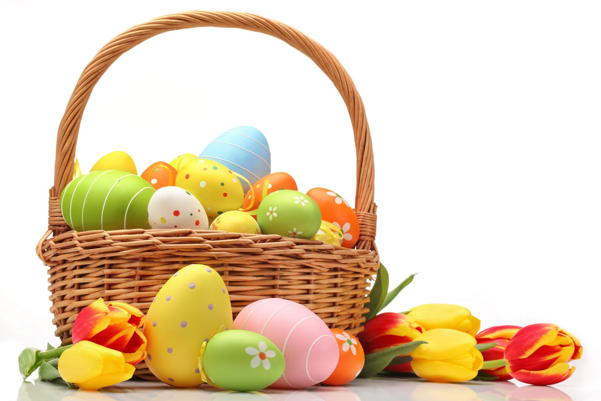 easter basket eggs tulips flowers colorful